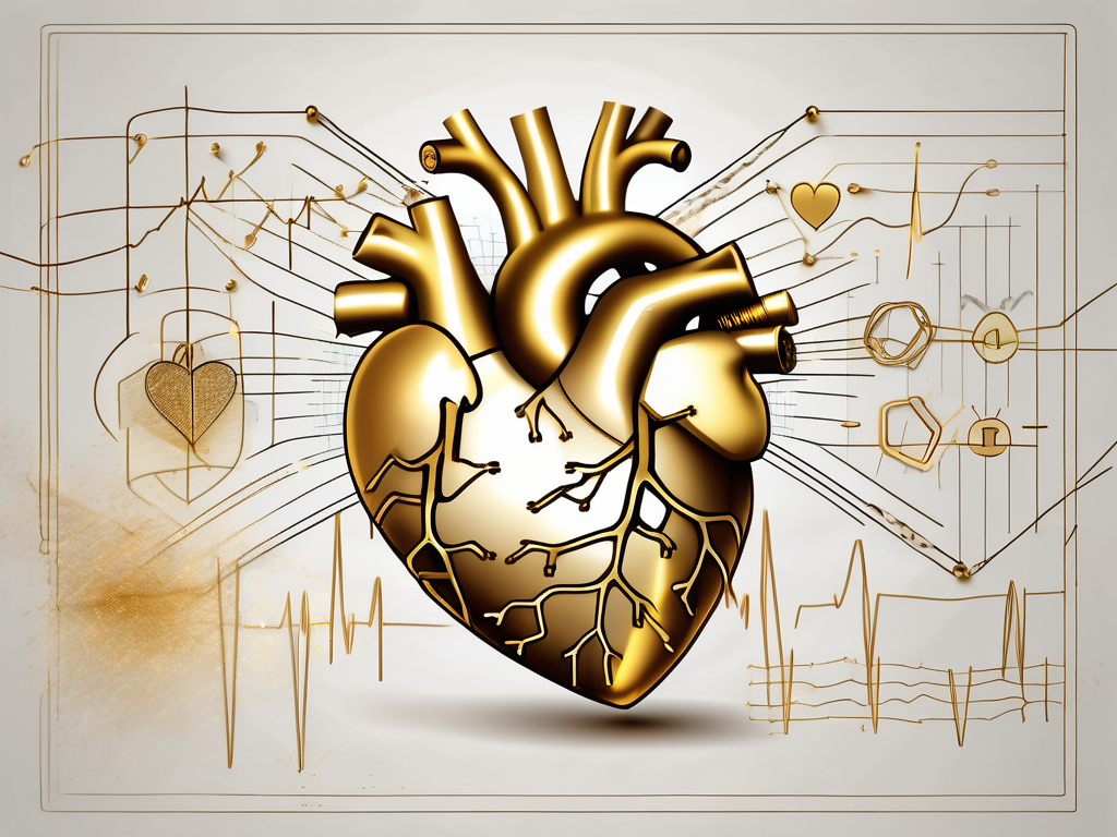 A golden heart surrounded by medical symbols like a stethoscope and ecg lines