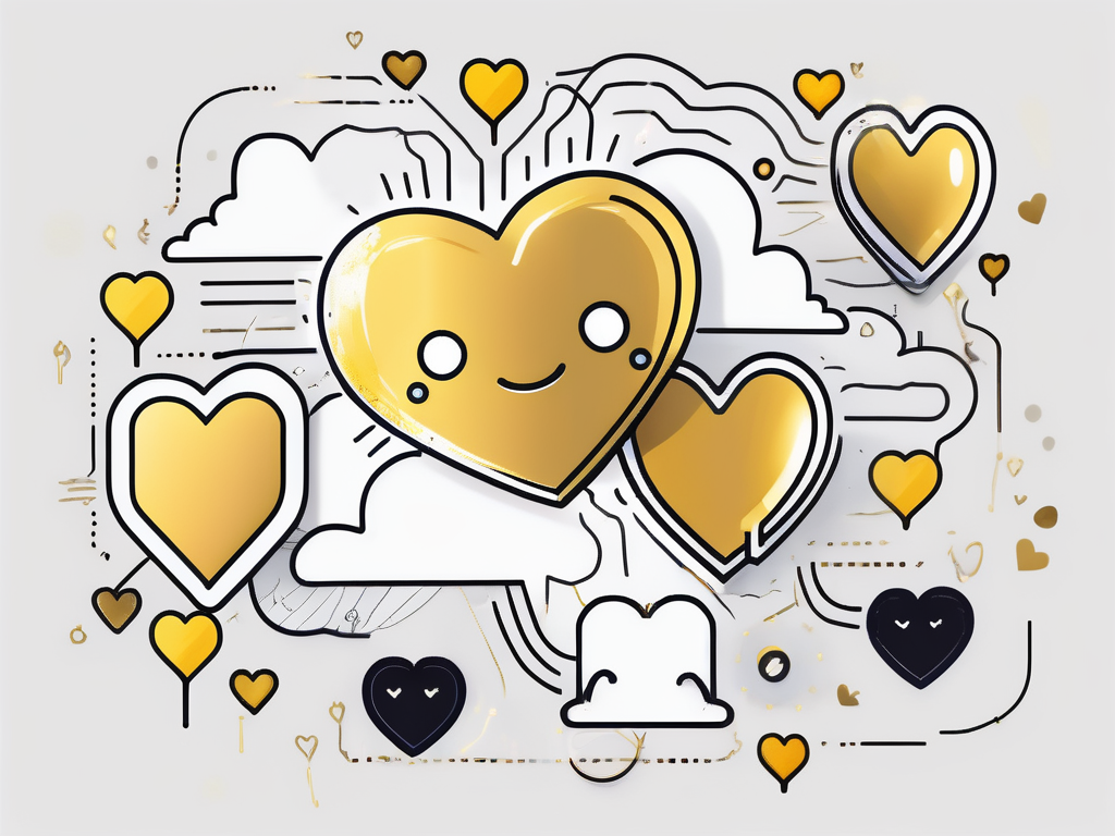 A golden heart icon surrounded by various snapchat themed symbols like the ghost icon and chat bubbles