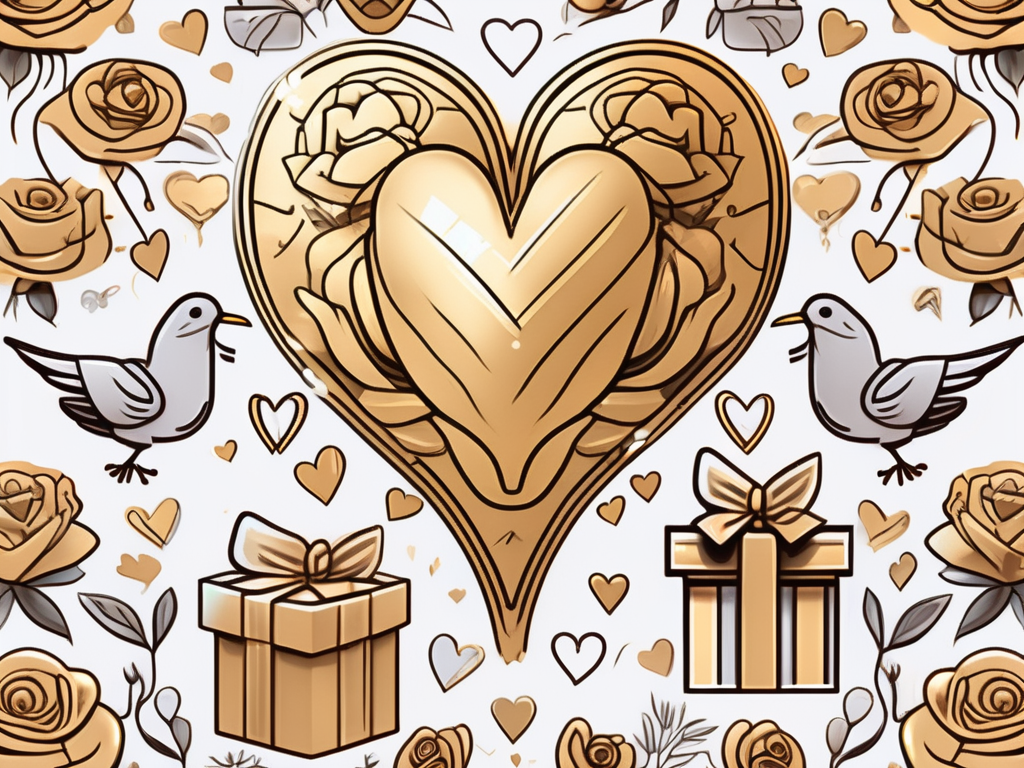 A large golden heart emoji surrounded by various symbols of love and affection